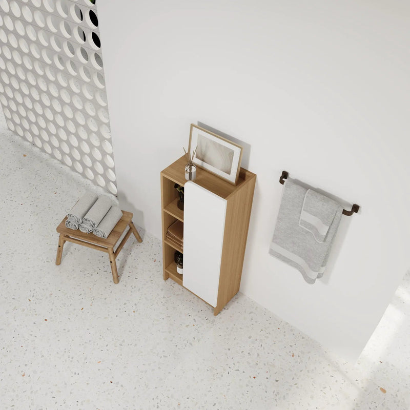 Freestanding Bathroom Side Cabinet, Narrow Storage Cabinet With Single Door & 3 Tier Open Shelves - Black / Light Oak / White by Unique Piece Furniture