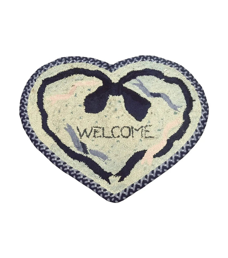 Small American Hooked Rug, Vintage Welcome Mat, Heart Shaped, Ivory and Blue by Jewel Rugs