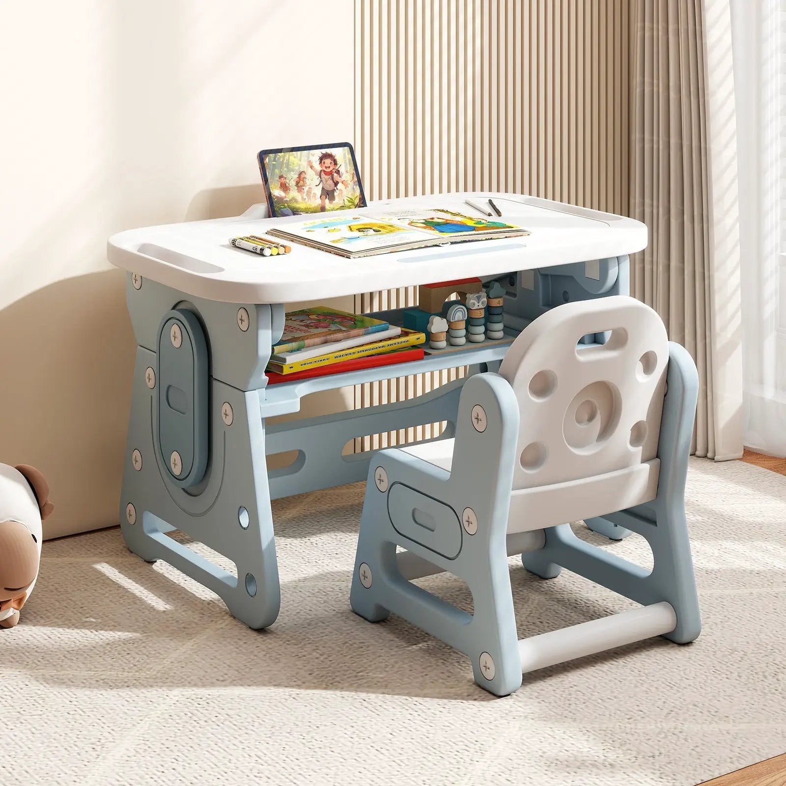 Height Adjustable Kids Table and Chair Set with Tiltable Whiteboard and Concave Shelf by DirectDeals