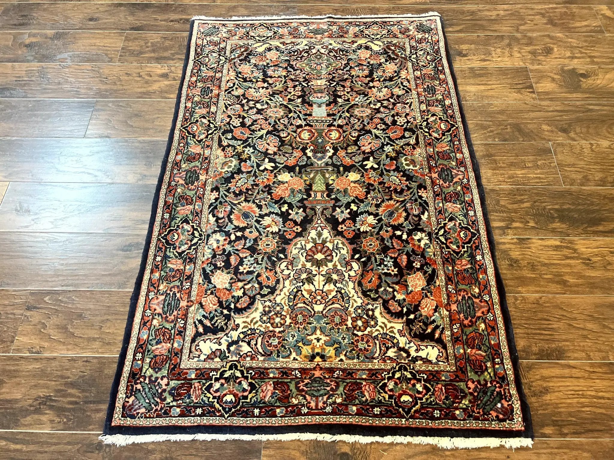 Persian Saoruk Rug 4x5, Navy Blue and Red, Floral, Antique Persian Wool Carpet, Handmade by Jewel Rugs