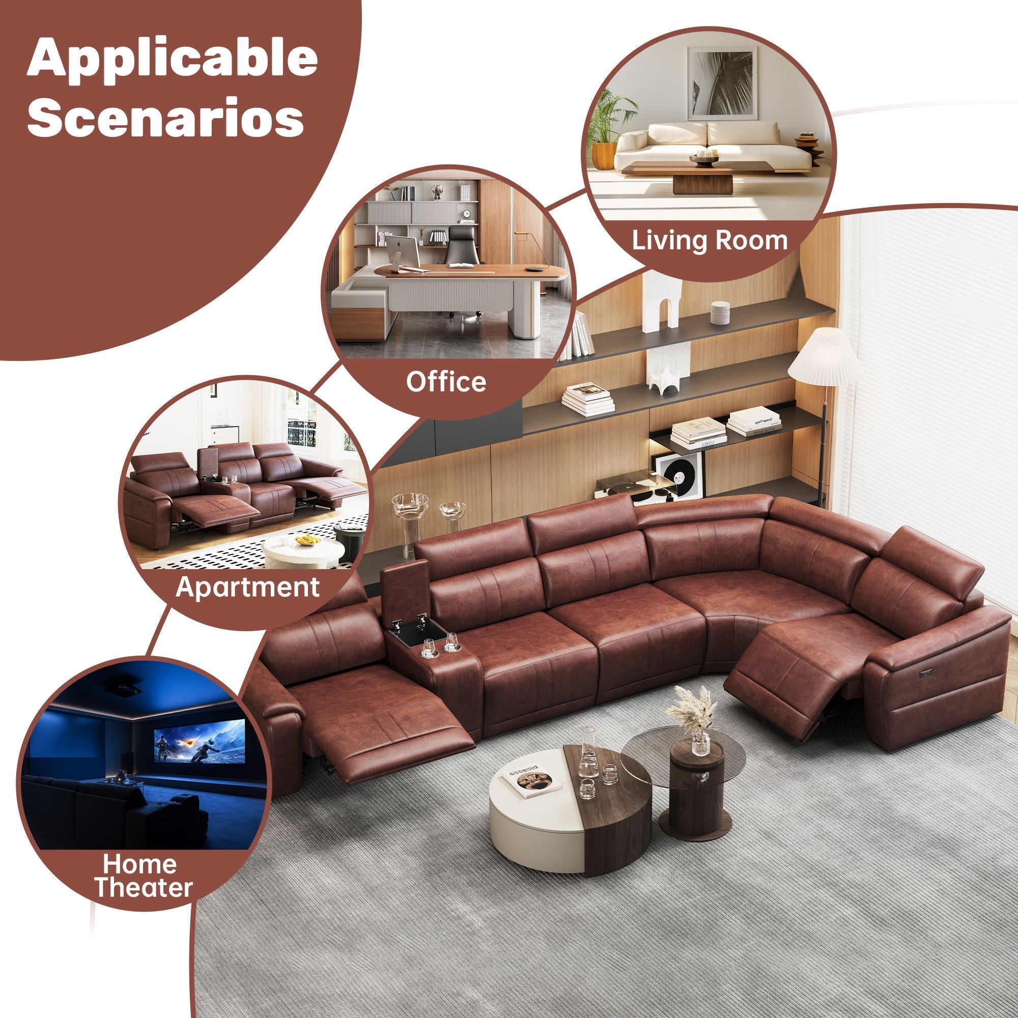 6 Piece Modular Sectional Sofa With 2 Cup Holders, Adjustable Recliners - Dark Brown by HouseOfZazla
