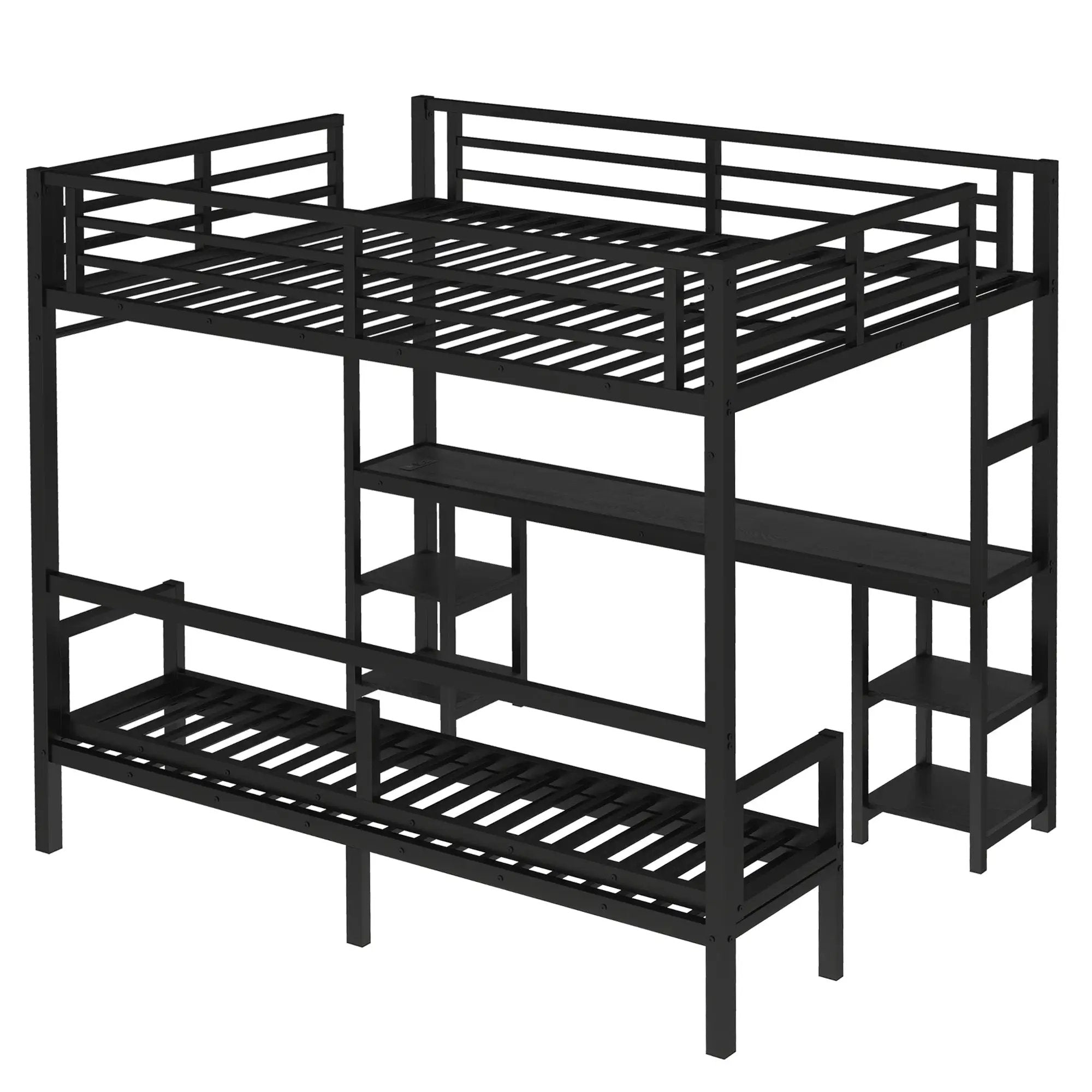 Queen Over Twin XL Metal Bunk Bed with Desk and Shelves by HouseOfZazla