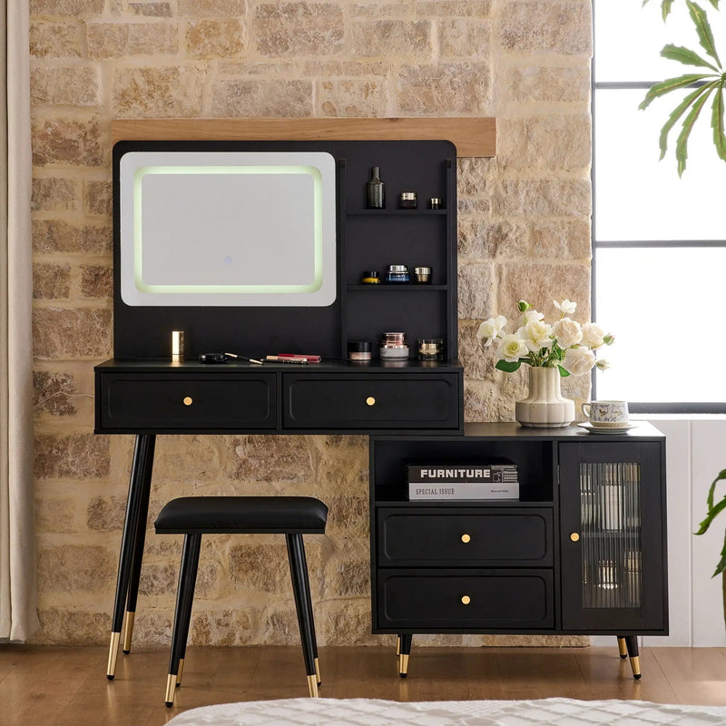 Modern Makeup Vanity Desk With Mirror And Lights Retractable Design Engineered Wood - Black by HouseOfZazla