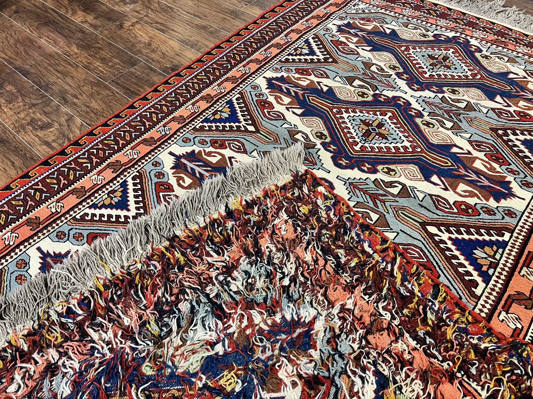 Russian Soumak Rug 6x8, Wool Handmade Antique Kilim Carpet, Multicolor 6 x 8 Geometric Medallions Caucasian Rug, Medium Size by Jewel Rugs