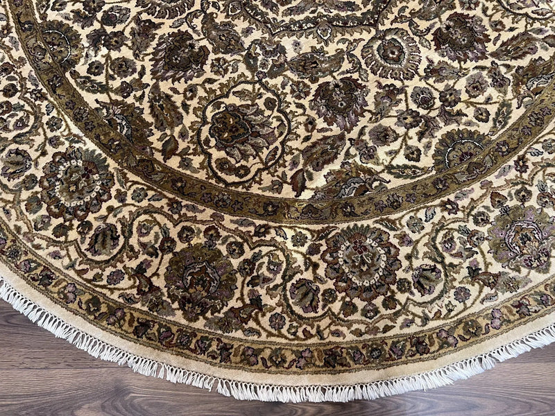 Round Indo Persian Rug 8x8 ft, Large Hand Knotted Vintage Wool Circular Carpet, 8ft Round Oriental Rug, Floral Medallion, Cream and Green by Jewel Rugs