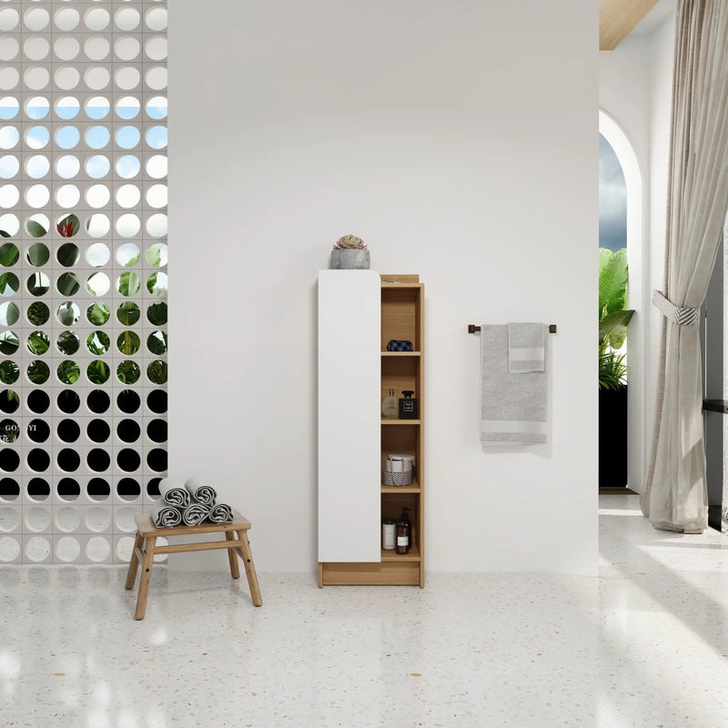 Tall Freestanding Bathroom Side Cabinet With Single Door & 4 Tier Open Shelves - Black / Light Oak / White by HouseOfZazla