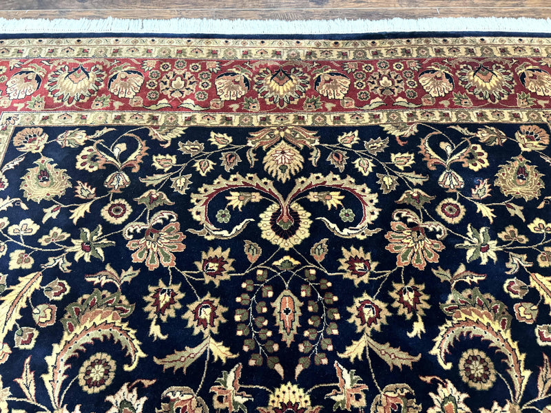 Indo Persian Rug 8x10, Navy Blue and Red, Floral Allover, Hand Knotted Vintage Wool Carpet, Indo Sarouk by Jewel Rugs