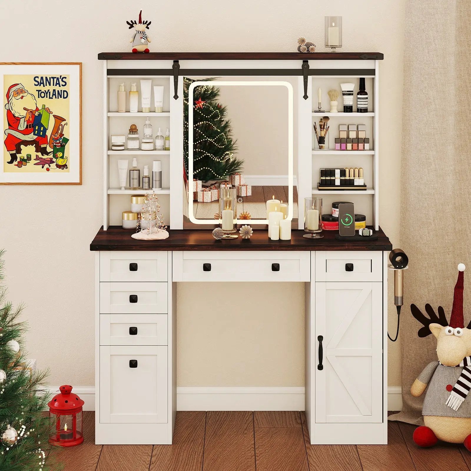 Farmhouse Vanity Desk with Barn-Style Sliding Mirror and 3 Lighting Modes-White by DirectDeals