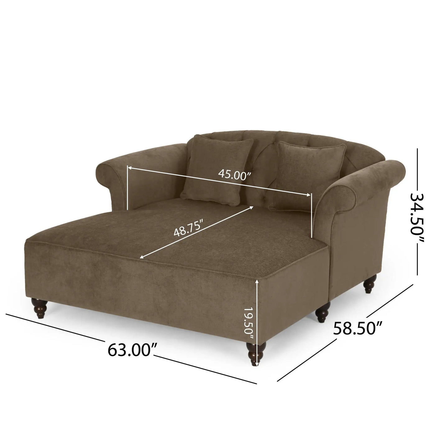 Upholstered Chaise Lounge With Scroll Arms, Turned Legs And 2 Pillows by HouseOfZazla
