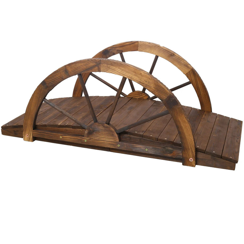 Wooden Garden Bridge Arc Footbridge With Half Wheel Railings Solid Fi - Brown by HouseOfZazla