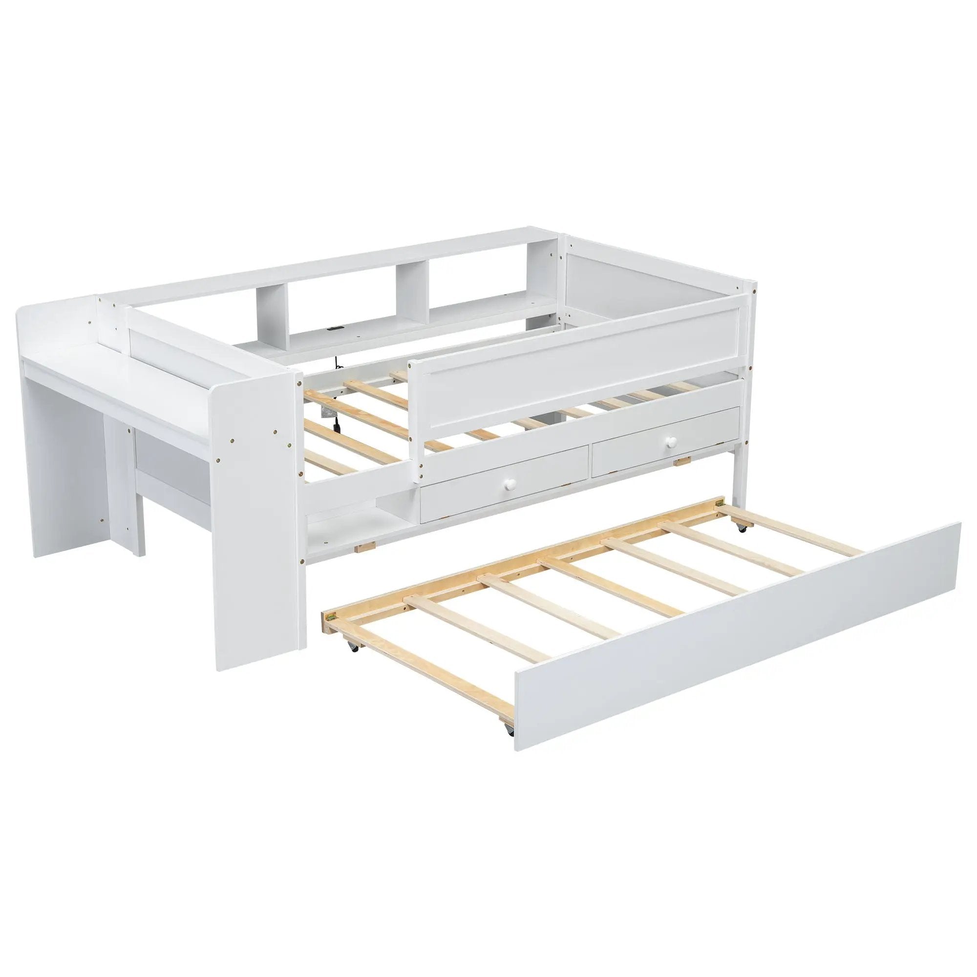 Twin Daybed With Drawers, Trundle, Headboard Storage, Study Desk, And USB Charging Station - White by HouseOfZazla