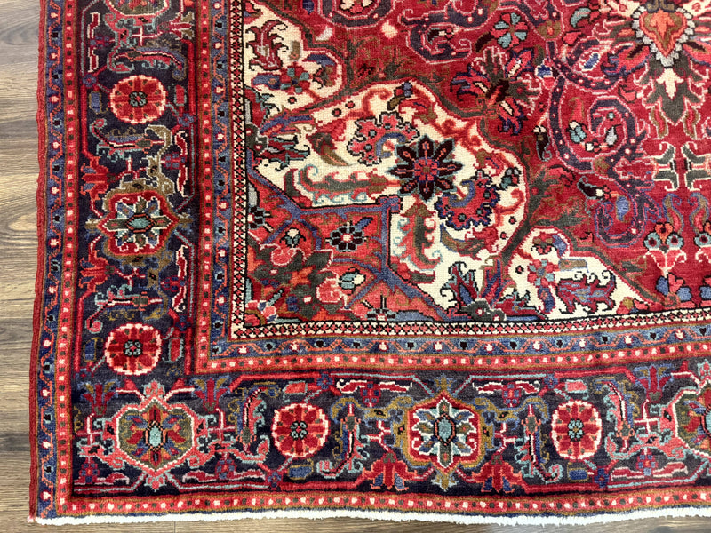 Persian Heriz Rug 7x10, Red and Navy, Geometric Medallion, Vintage Wool Carpet by Jewel Rugs