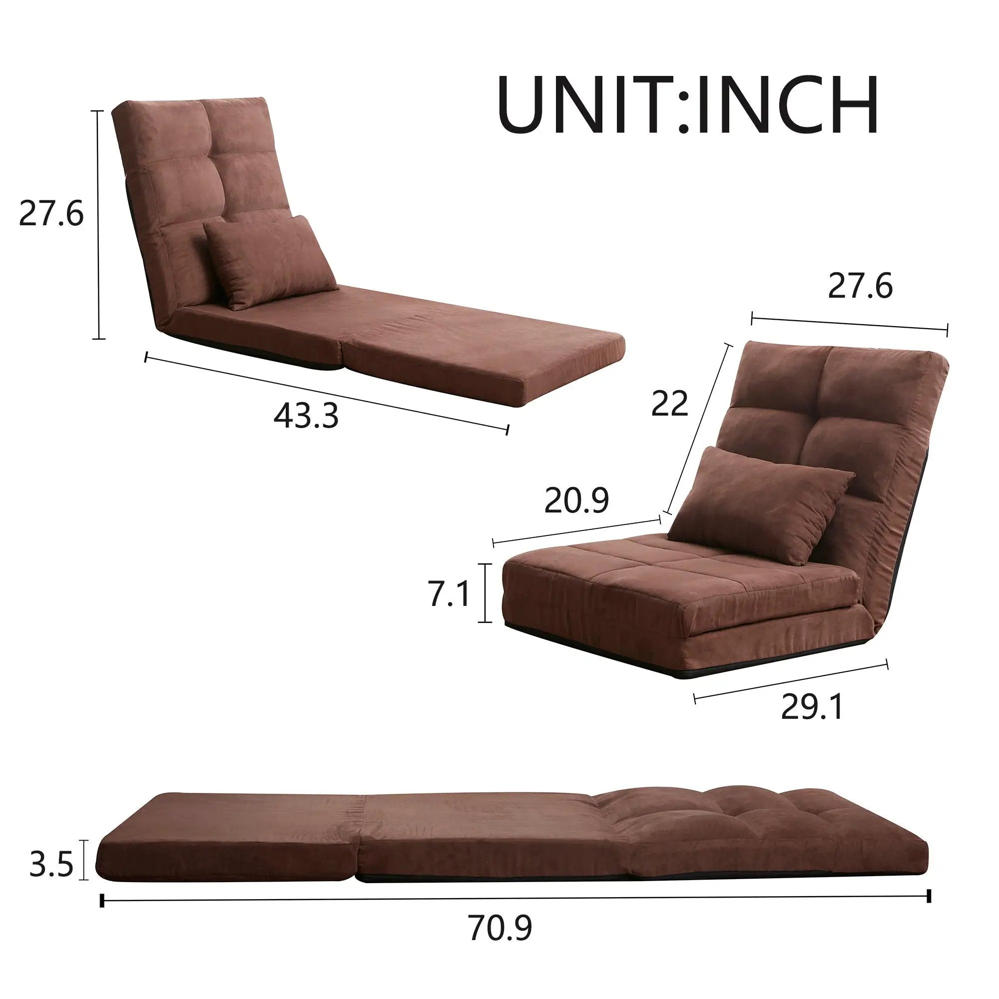 Modern Triple Fold Down Metal Frame Sofa Bed With 5 Reclining Positions And Pillow - Adjustable Upholstered Floor Couch For Gaming Or Guest Room - Brown by HouseOfZazla