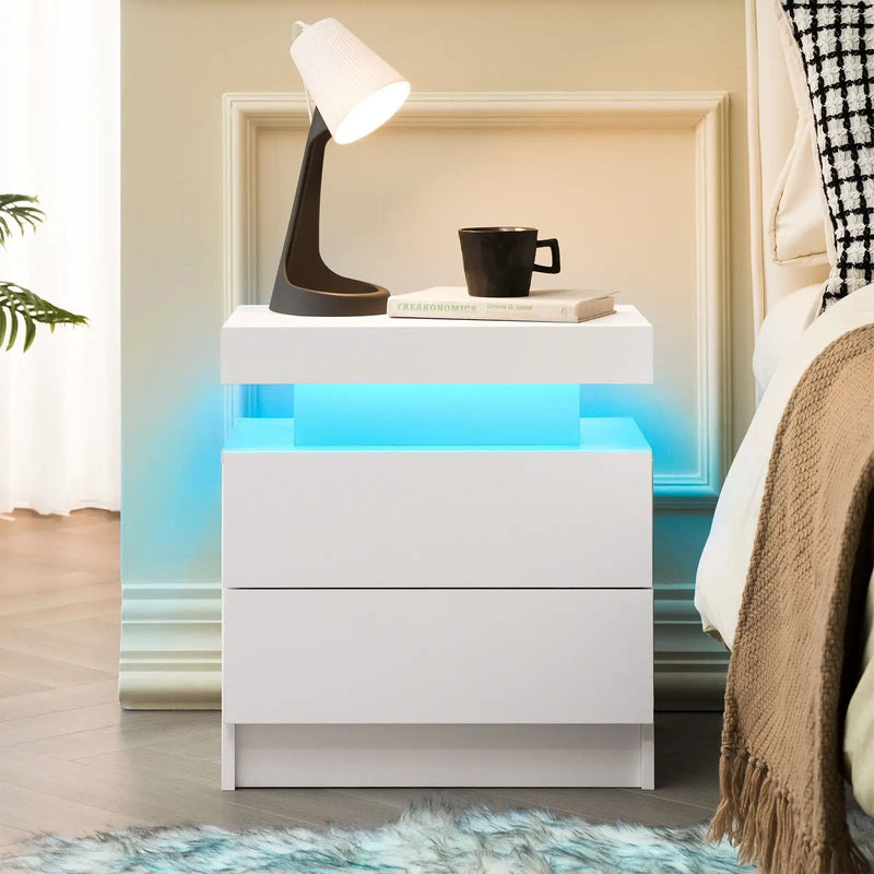 Modern LED Bedside Table Cabinet With Adjustable Lights And 2 Drawers - White by Unique Piece Furniture
