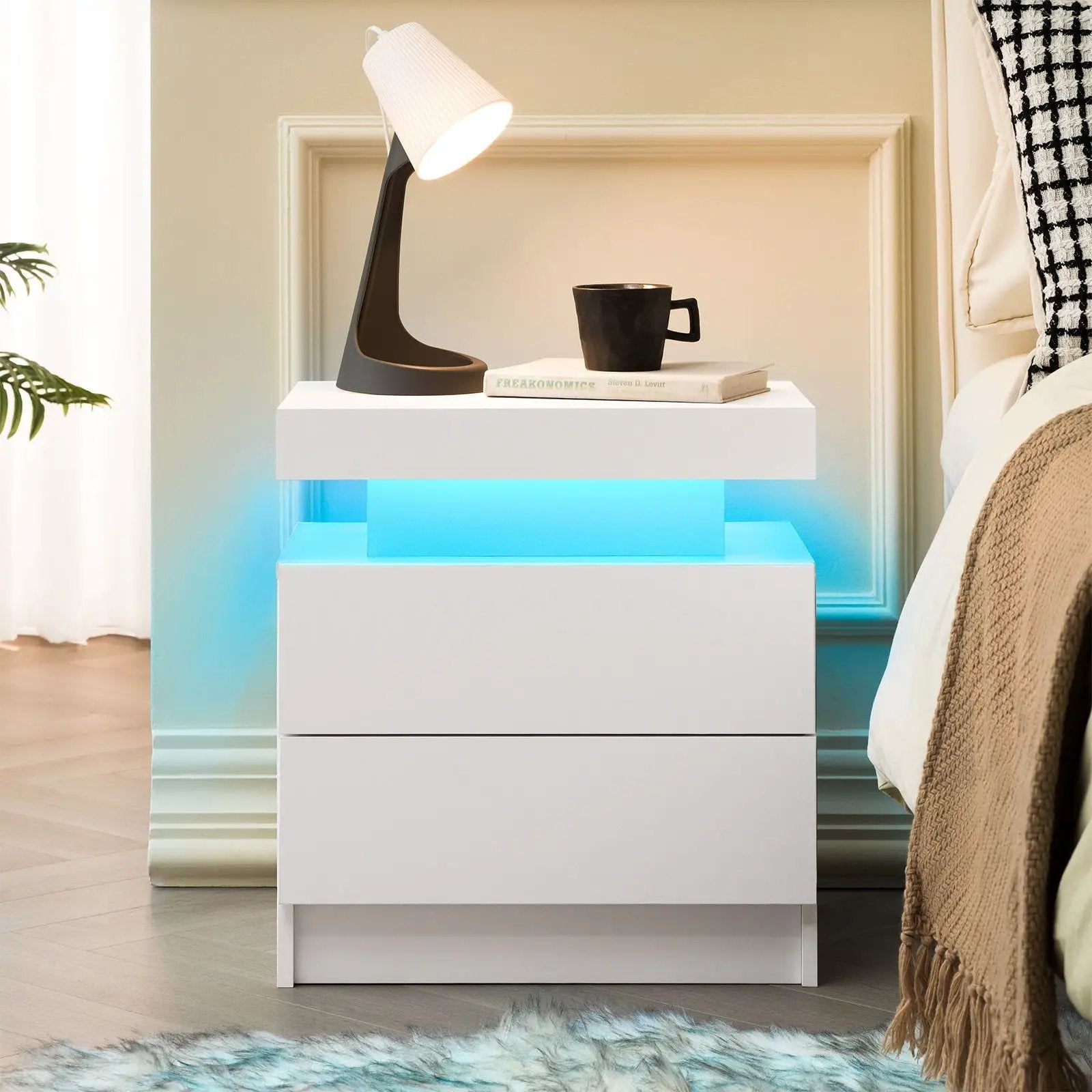 Modern LED Bedside Table Cabinet With Adjustable Lights And 2 Drawers - White
