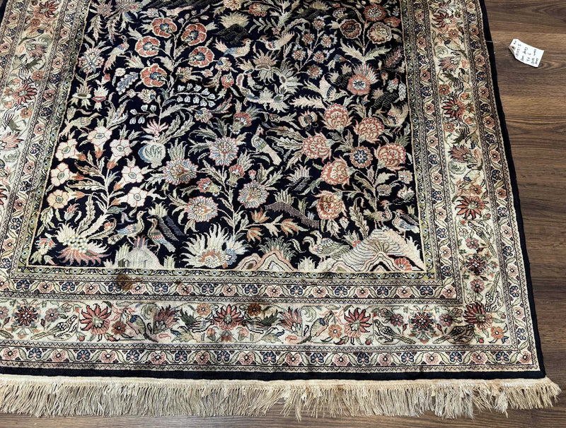 Silk Rug 4x6, Black and Cream, Floral & Bird Pictorials, Fine 330 KPSI, Sino Persian Rug by Jewel Rugs