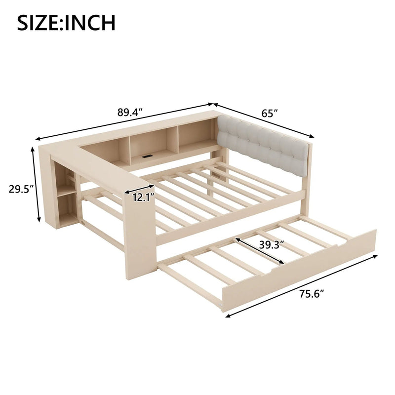 Upholstered Headboard Platform Bed with Storage Shelves, Trundle, and Charging Station by HouseOfZazla