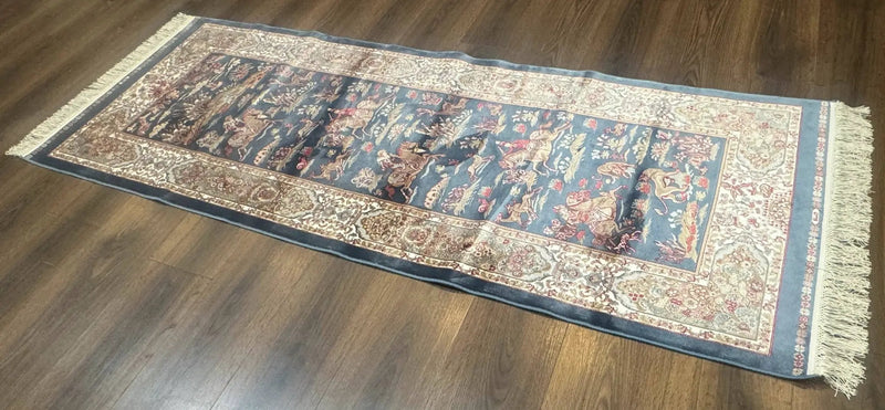Turkish Silk Rug 2.6 x 6.7, Short Runner Rug, Blue & Ivory, Bamboo Silk, New by Jewel Rugs