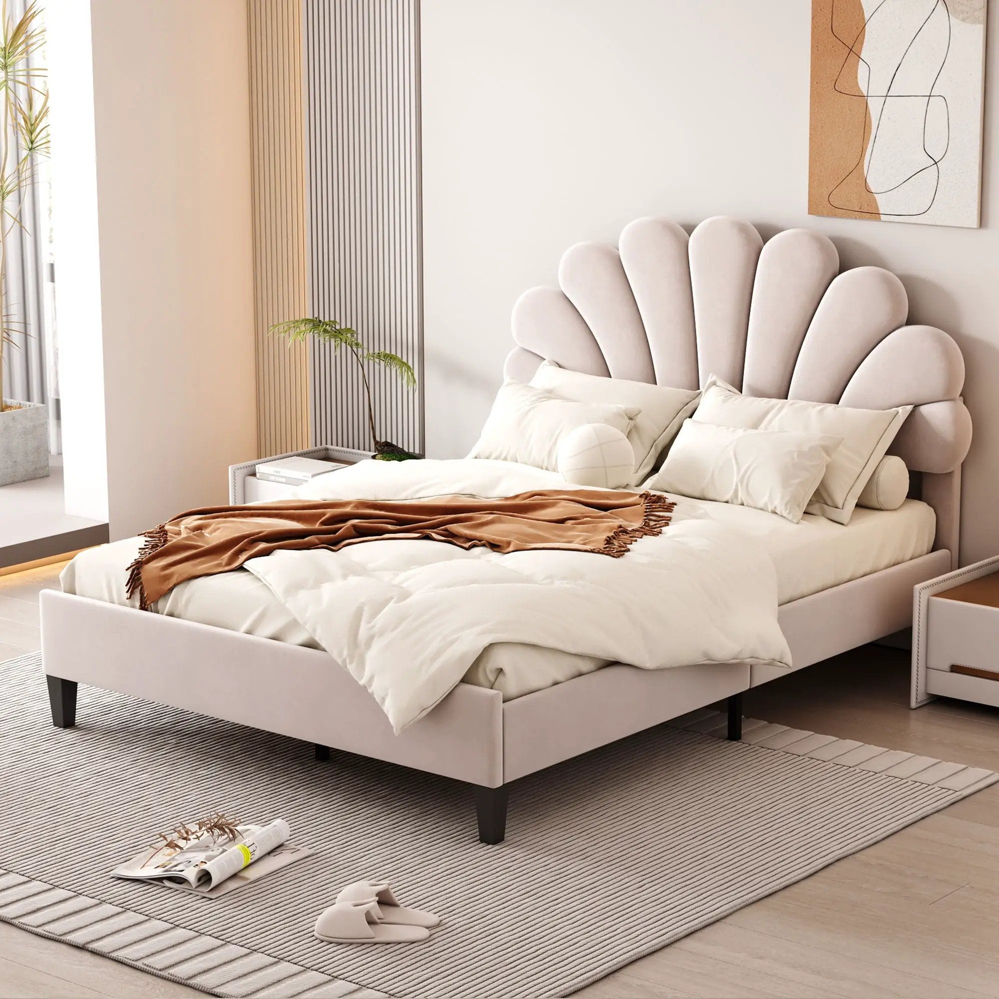 Upholstered Platform Bed With Flower Pattern Headboard by Unique Piece Furniture