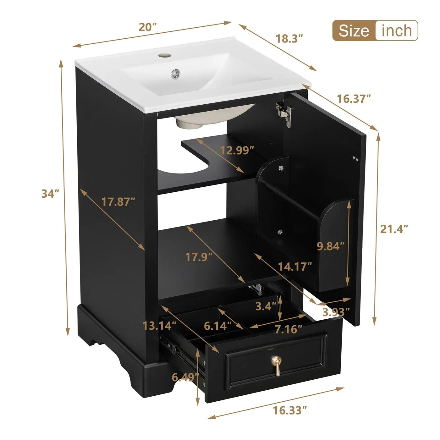 Bathroom Vanity With Sink, Soft Close Door, Adjustable U-Shaped Shelf by Unique Piece Furniture