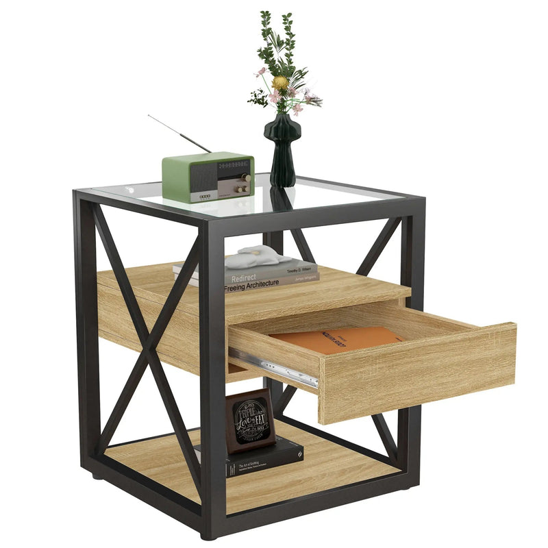 1 Piece Modern End Table with Drawer - Natural Wood & Tempered Glass by HouseOfZazla