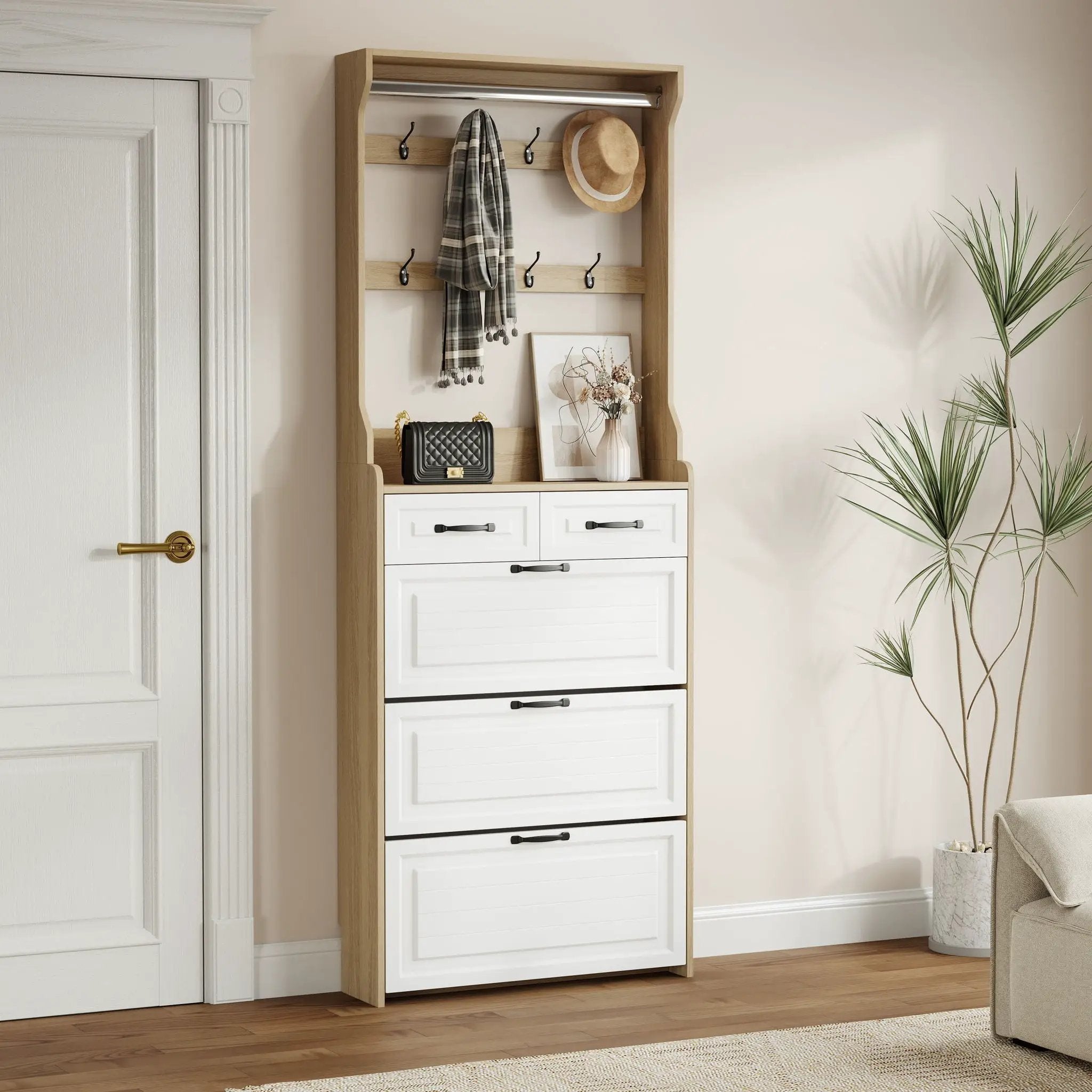 Shoe Cabinet With 3 Doors 2 Drawers With Hanger, Door With Shape, Large Space For Storage by HouseOfZazla