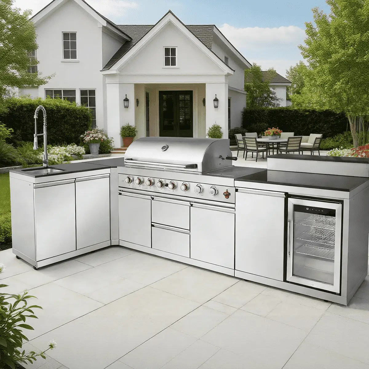 95.8" 6+1 Burner 95,500 BTU Outdoor Kitchen Island Grill Silver + Sink + Refrigerator + Bar Table by Chery Industrial