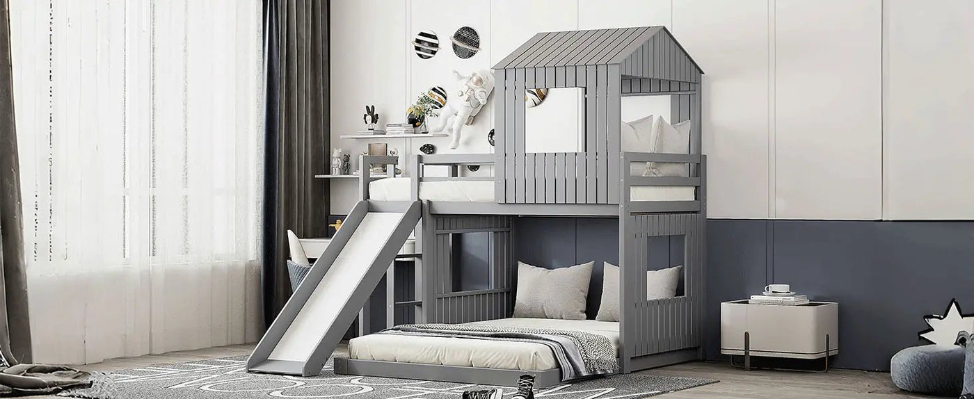 Loft Bunk Bed With Playhouse, Farmhouse, Ladder, Slide And Guardrails by HouseOfZazla