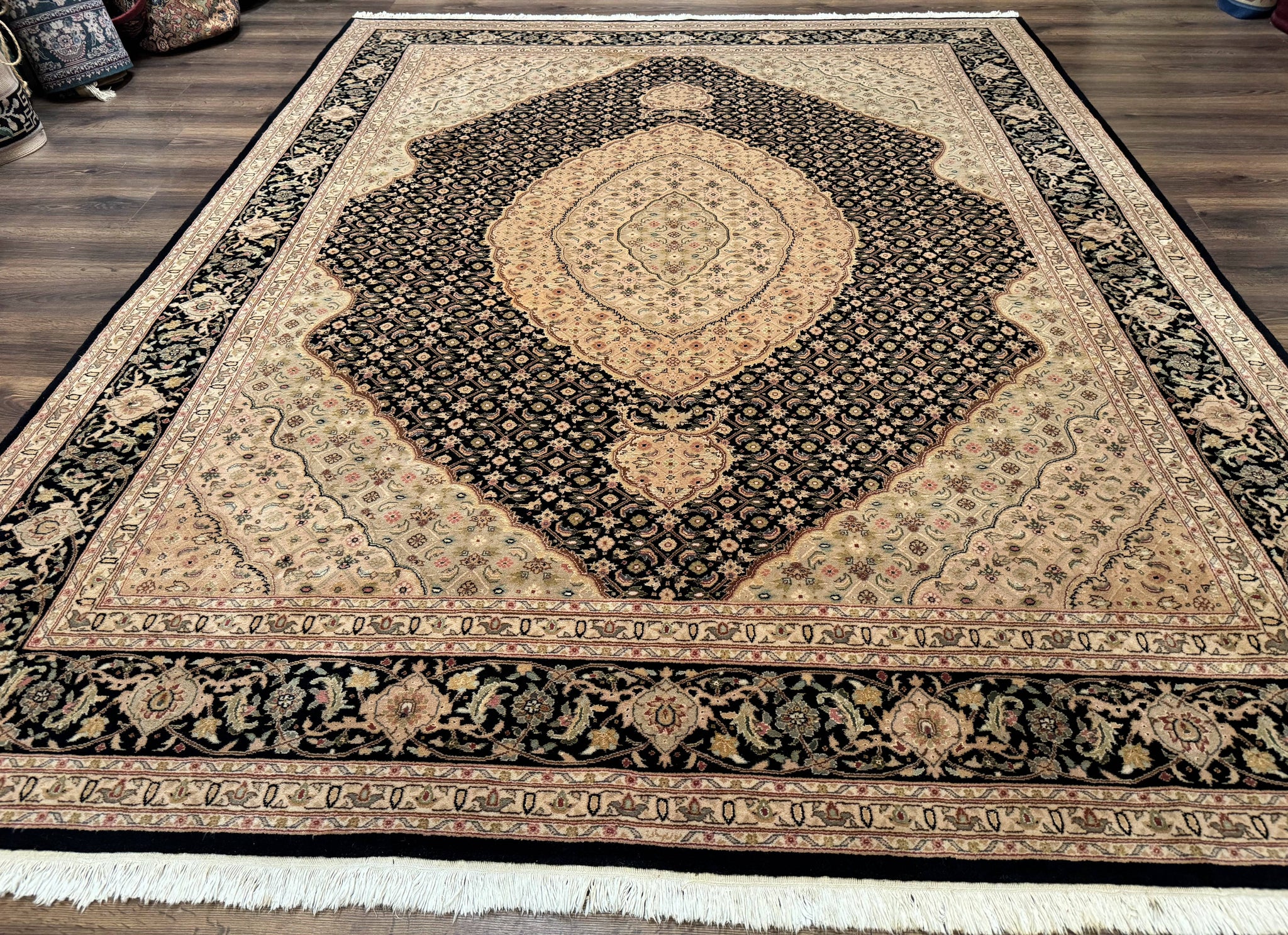Sino Persian Rug 8x10, Herati Mahi Pattern, Fine 170 KPSI, Black, Wool and Silk Highlights by Jewel Rugs