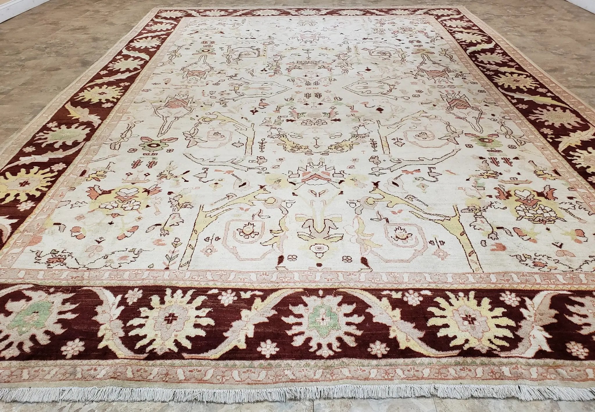Beige and Maroon Peshawar Rug 10x15, Large Oushak Carpet, Pakistani Rug, Handmade Area Rug, Hand Knotted Rug, Living Room Rug, Nice Wool Rug by Jewel Rugs