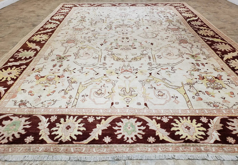 Beige and Maroon Peshawar Rug 10x15, Large Oushak Carpet, Pakistani Rug, Handmade Area Rug, Hand Knotted Rug, Living Room Rug, Nice Wool Rug by Jewel Rugs