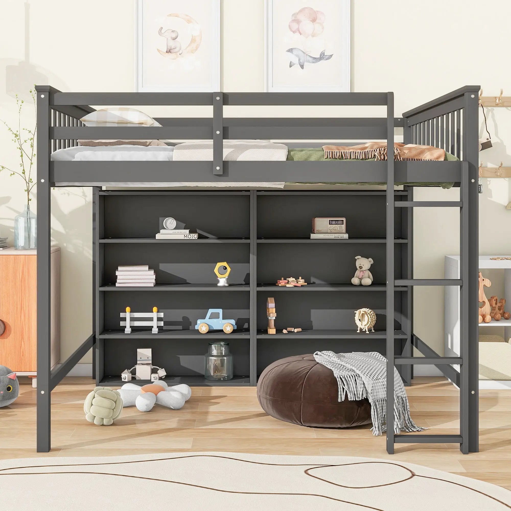 Loft Bed With 8 Open Storage Shelves And Built In Ladder by HouseOfZazla