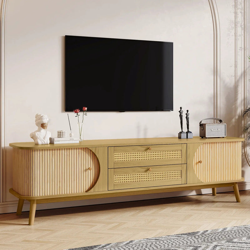 Rattan TV Stand For Tvs Up To 75'', Modern Farmhouse Media Console, Entertainment Center With Legs, TV Cabinet For Living Room, Home Theatre - Natural Wood by HouseOfZazla