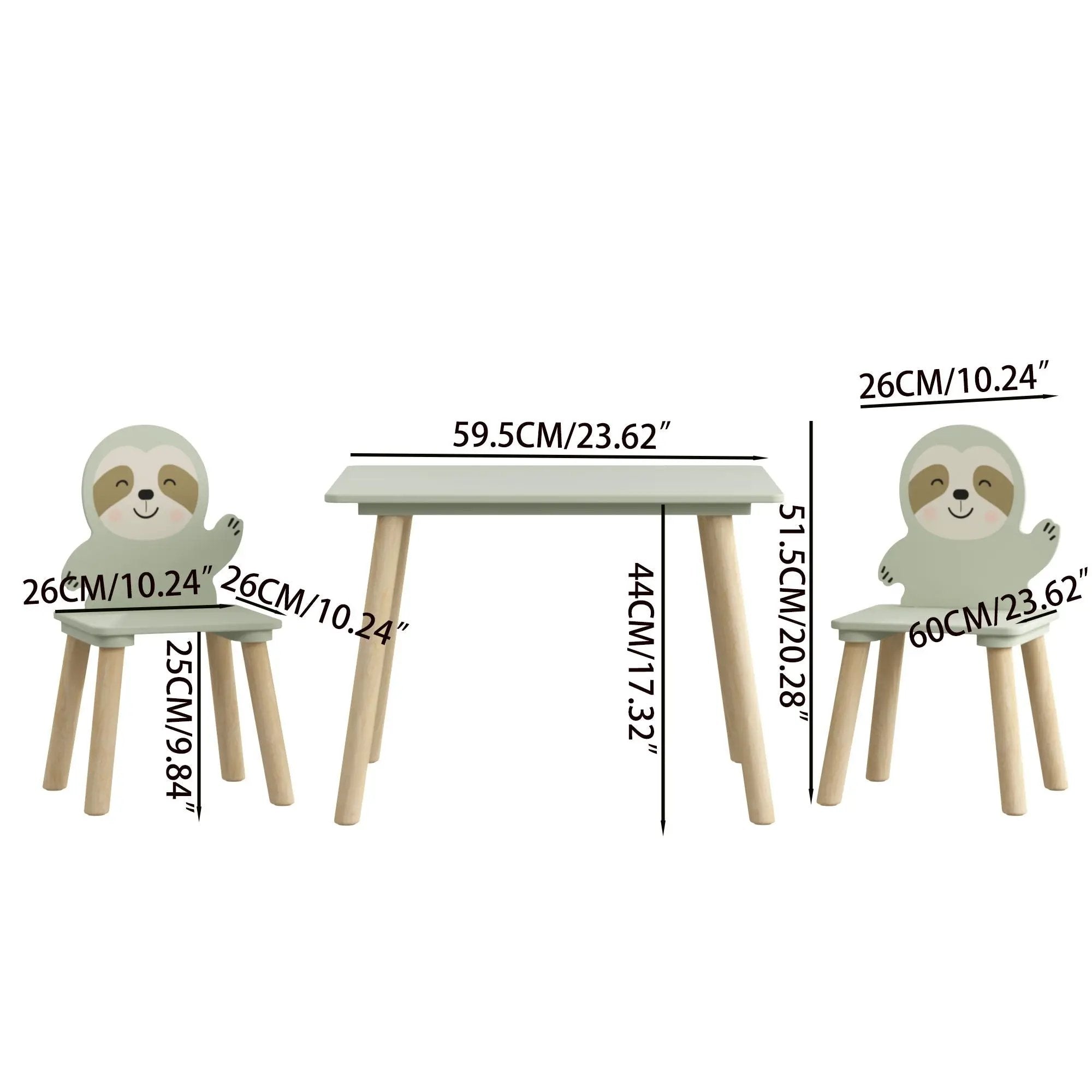 Sloth Themed Table And Chair Set With 2 Cute Animal Chairs - Natural Wood / Sage Green by Unique Piece Furniture