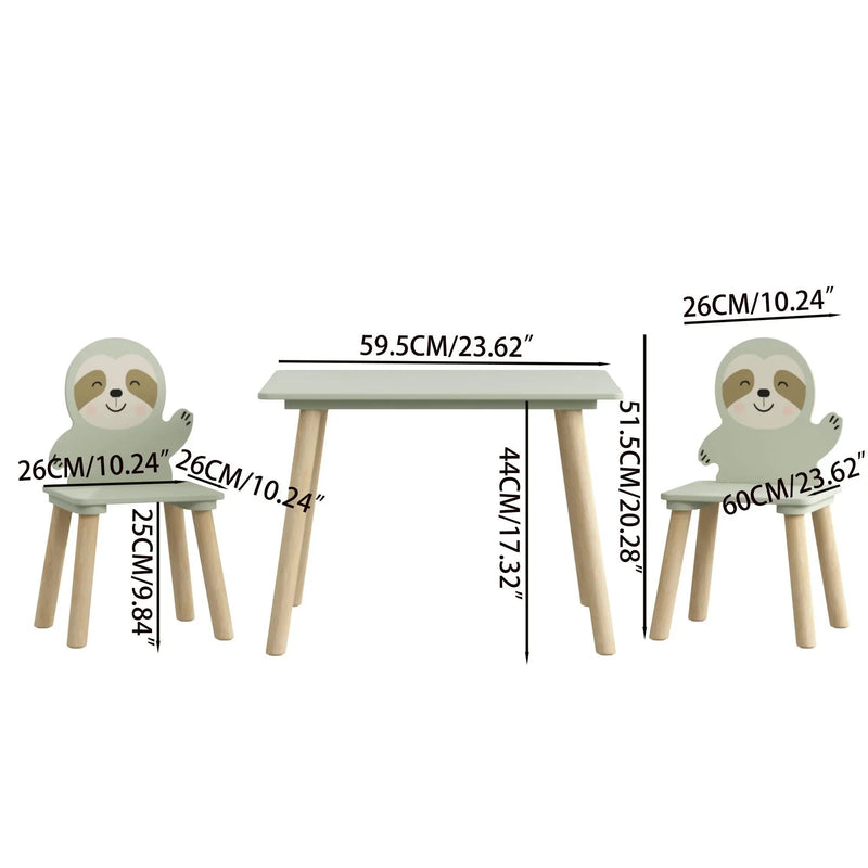 Sloth Themed Table And Chair Set With 2 Cute Animal Chairs - Natural Wood / Sage Green by HouseOfZazla