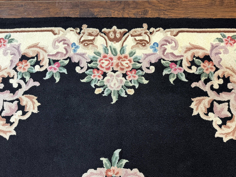 Aubusson Rug 8x11, Black and Ivory, Hooked Rug, Vintage, Wool by Jewel Rugs
