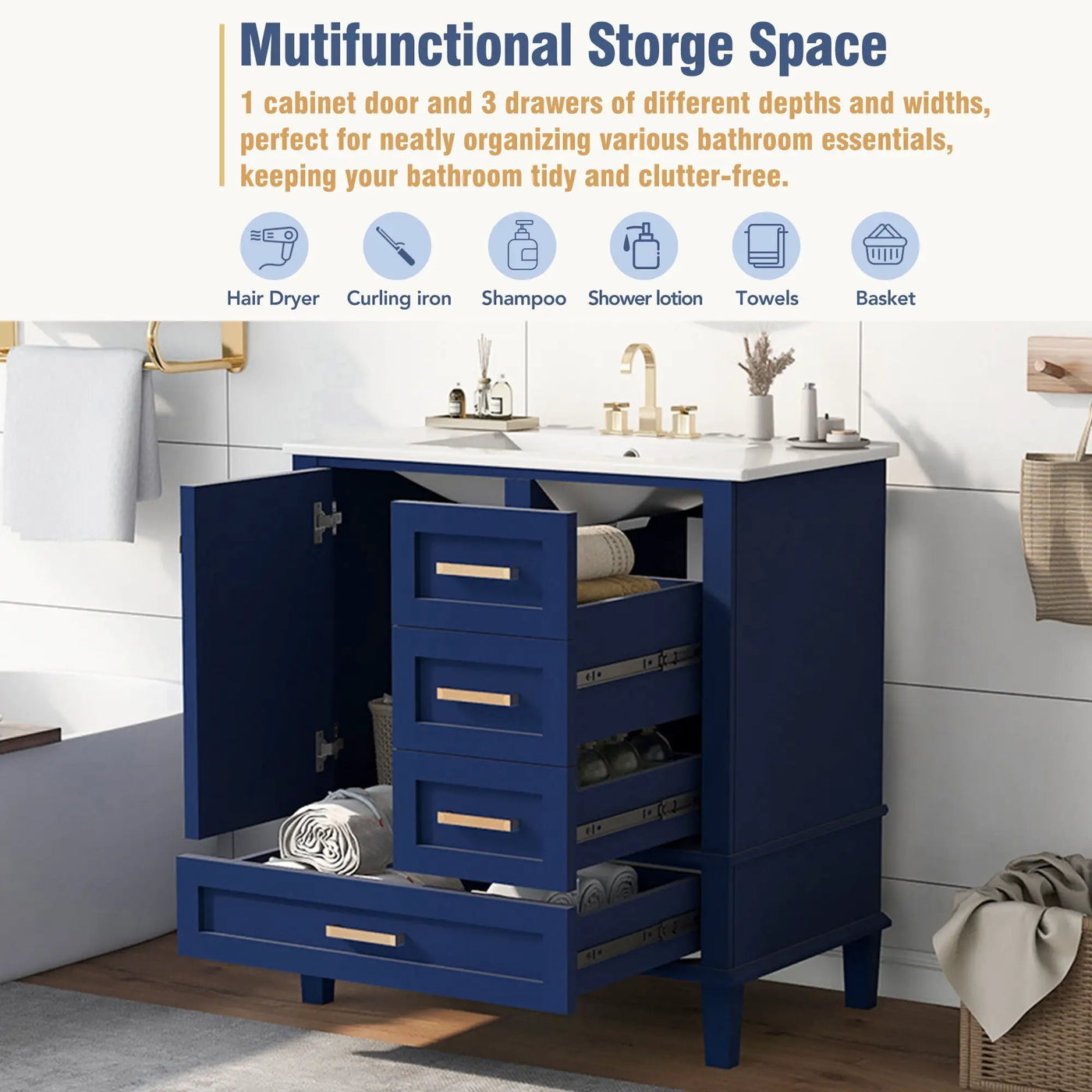 Bathroom Vanity, Modern Bathroom Cabinet With Sink Combo Set, Bathroom Storage Cabinet With A Soft Closing Door And 3 Drawers, Solid Wood Frame by Unique Piece Furniture