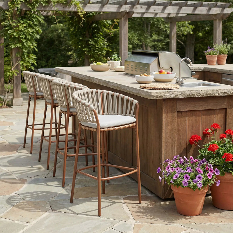 Lodi Outdoor Metal Rope Barstool, Teak Finished Frame and Beige Cushion, Set of 4 by HouseOfZazla