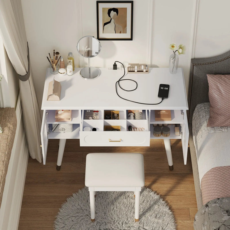 Elegant Vanity Makeup Table & Chair Set Modern Dressing Table With Organizer Writing Desk Charging Port Engineered Wood - White by Unique Piece Furniture