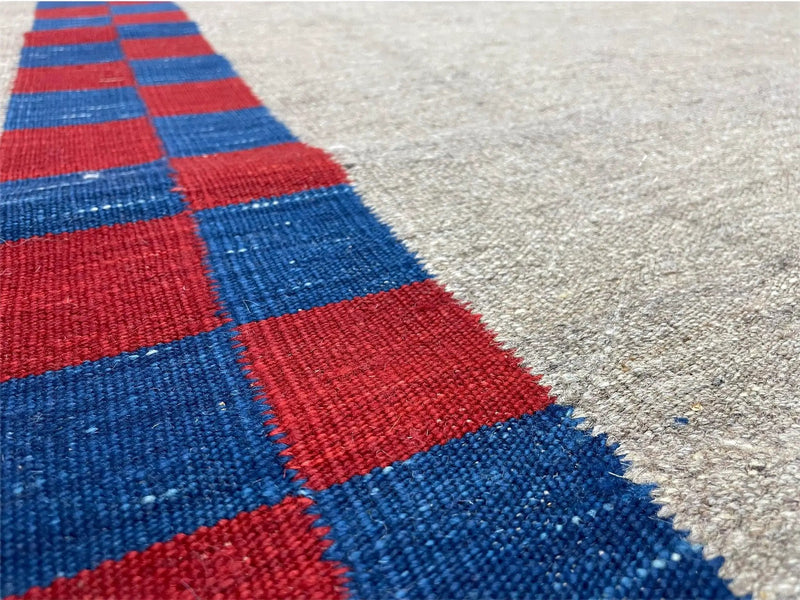 5' 7" x 7' 9" Geometric Kilim Carpet, Gray, Handmade, Hand-Knotted Area Rug, Blue & Red, Flatweave, Wool, New, Checkerboard Pattern by Jewel Rugs