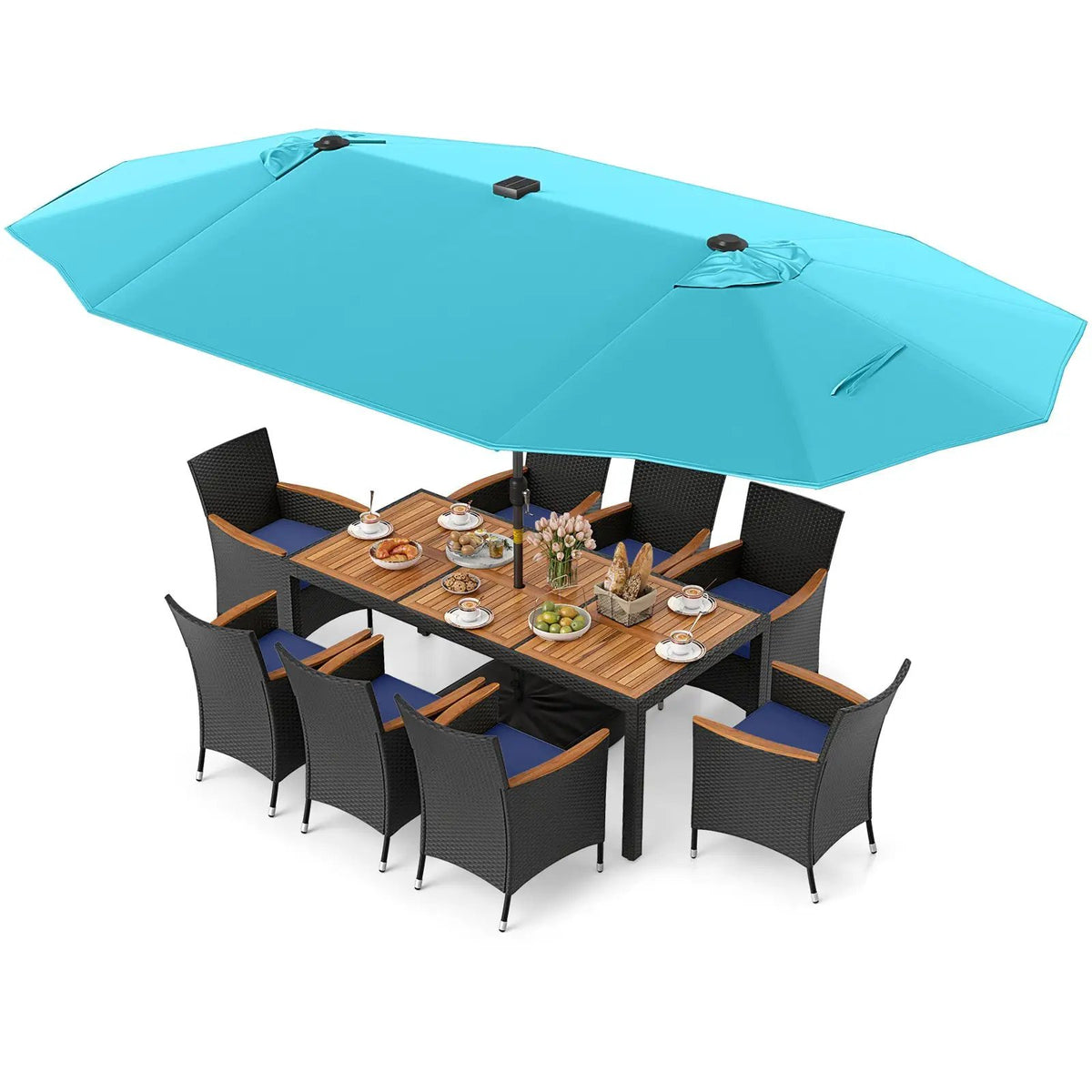 11 Pieces Patio Dining Set with LED Patio Umbrella with Base and Seat Cushions (Navy), photo 20 of 54