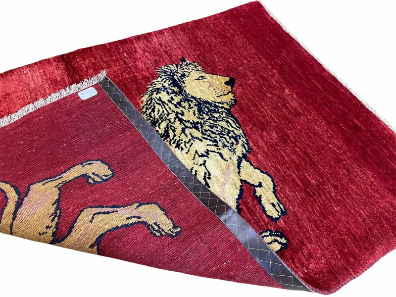 3 X 5 Handmade Hand-Knotted Quality Wool Rug New Vintage Lion Red Pictorial by Jewel Rugs