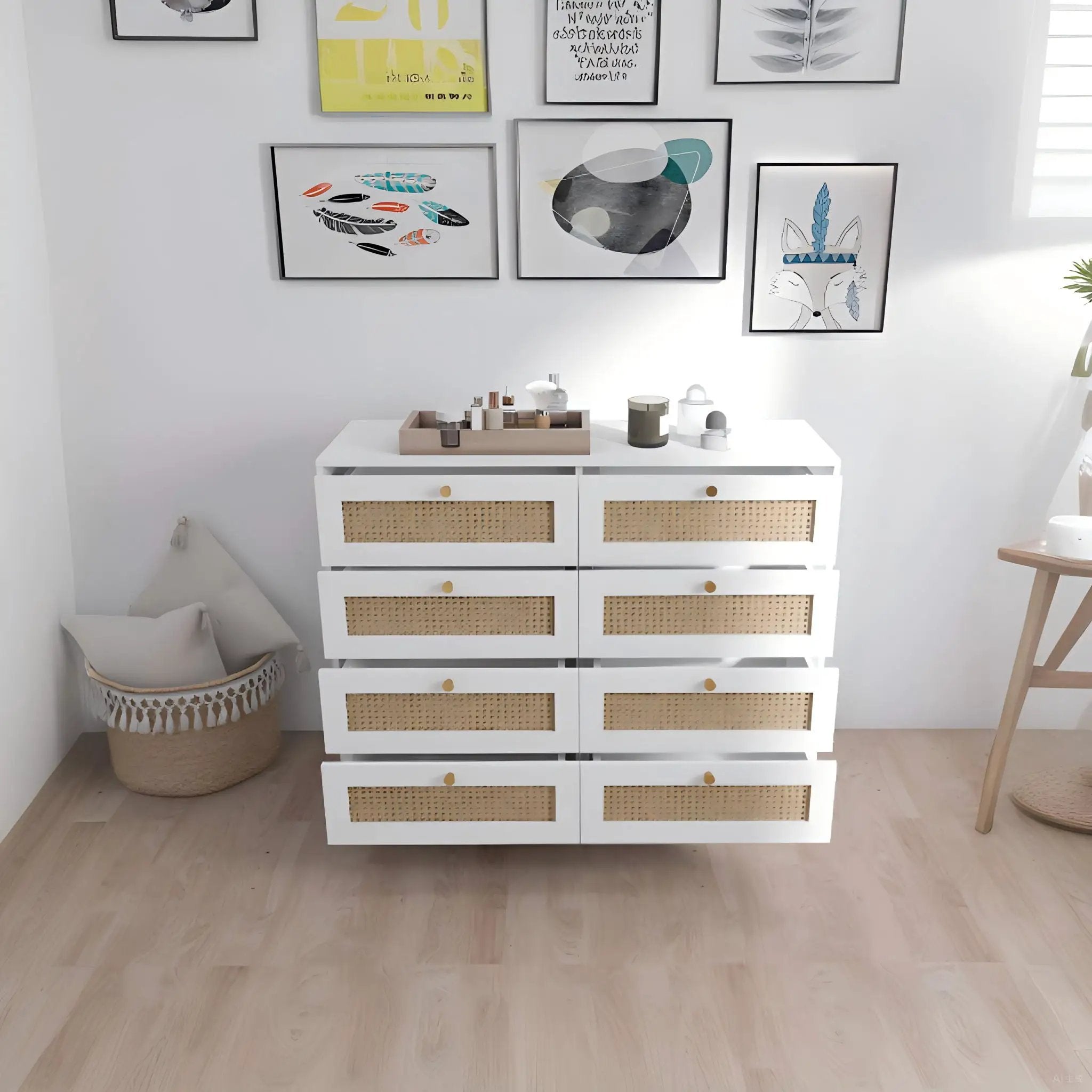 8 Drawers Chest Of Drawers With Rattan Drawer Face Golden Legs And Handles - White by Unique Piece Furniture