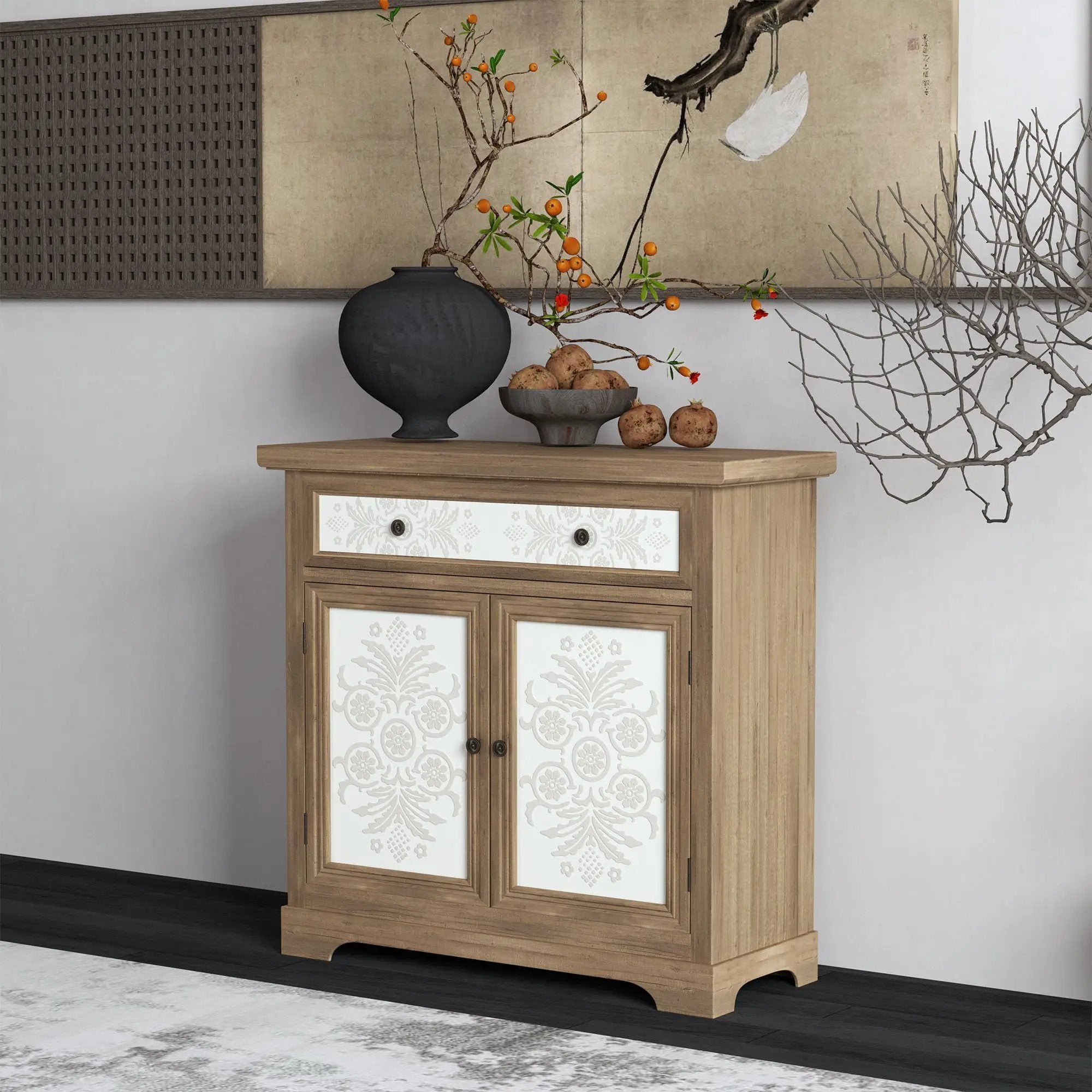 Accent Cabinet With Carved Floral Panels, Sideboard With Drawer And Double Doors - Antique Brown / White by HouseOfZazla