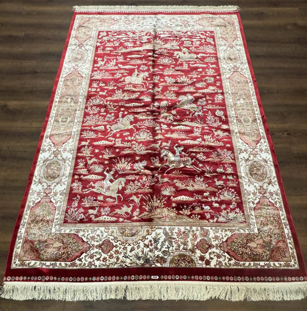 Turkish Silk Hunting Scene Rug 5 x 7.6, Red & Ivory, Bamboo Silk, New, photo 2 of 13