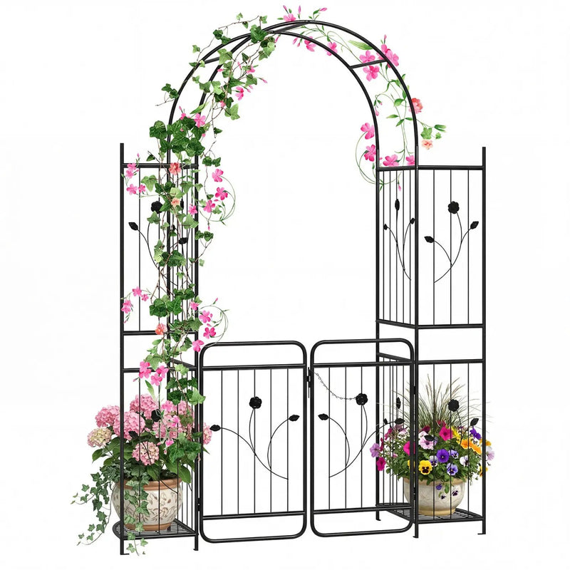 87 inch Tall Garden Arch with Gate Planter Shelves Climbing Trellises by DirectDeals