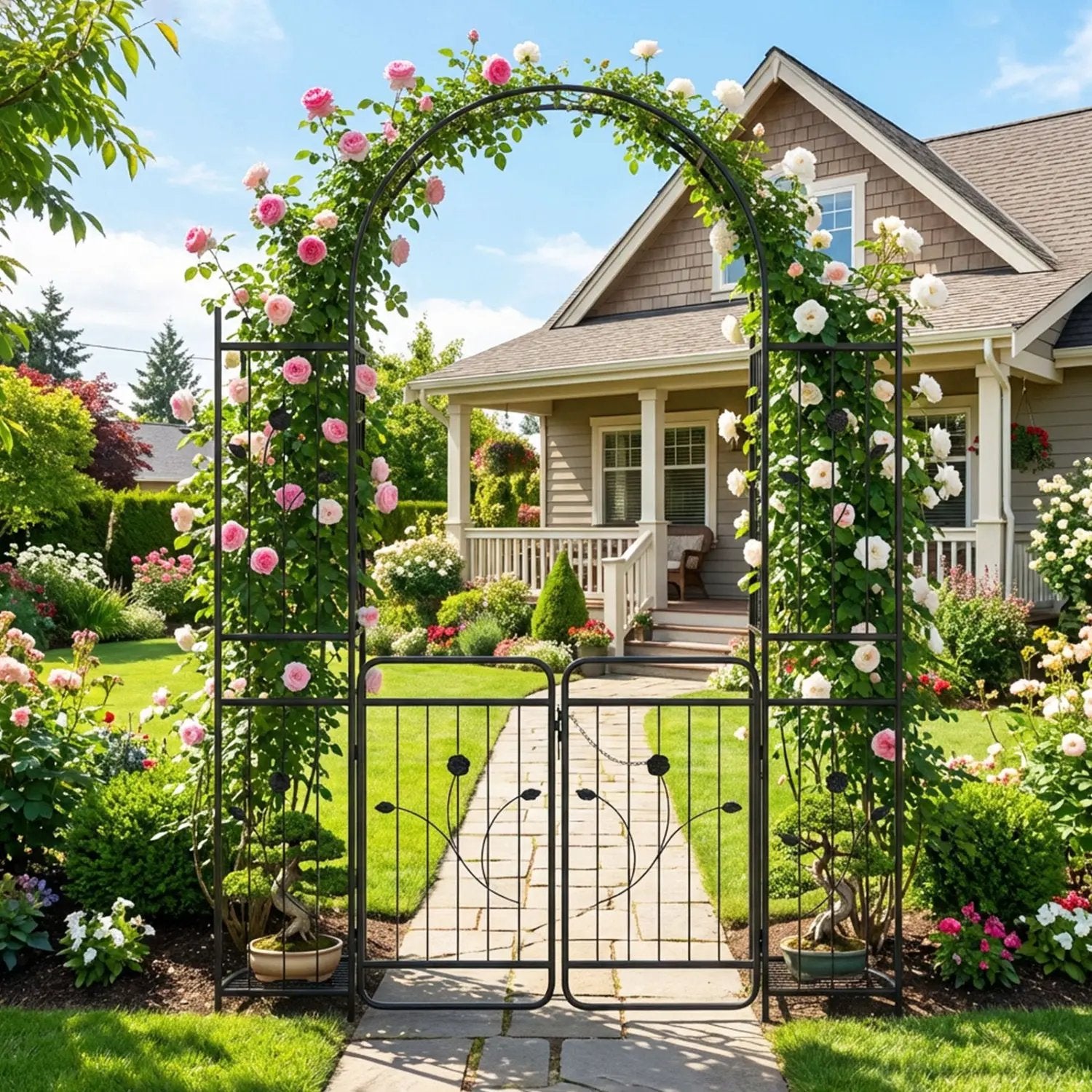 87 inch Tall Garden Arch with Gate Planter Shelves Climbing Trellises by DirectDeals