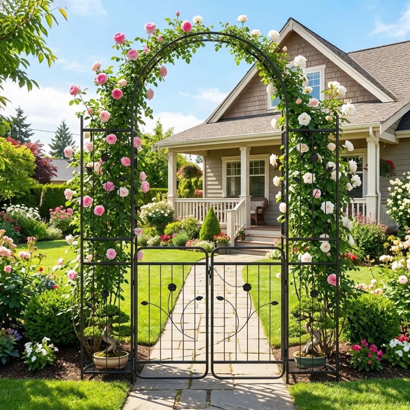 87 inch Tall Garden Arch with Gate Planter Shelves Climbing Trellises by DirectDeals