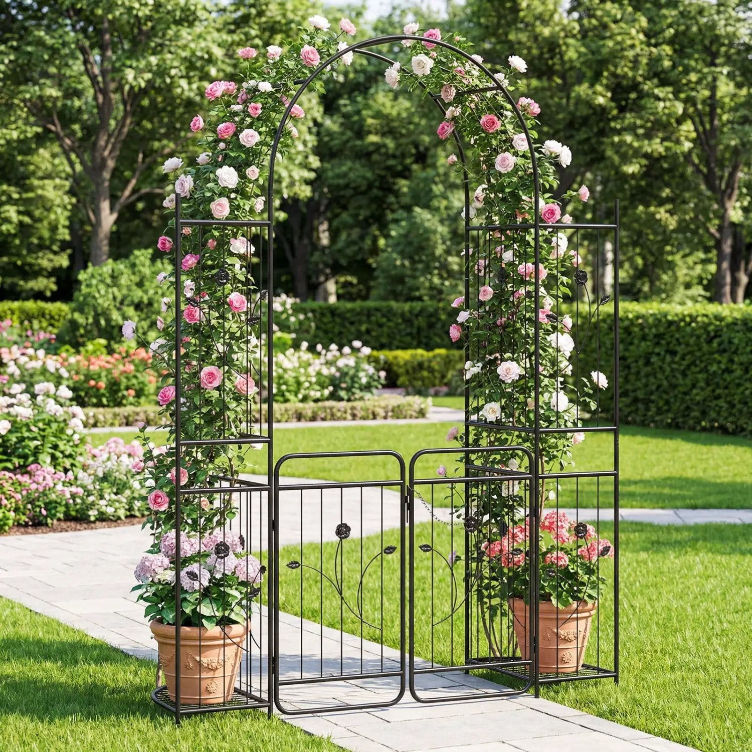 87 inch Tall Garden Arch with Gate Planter Shelves Climbing Trellises by DirectDeals