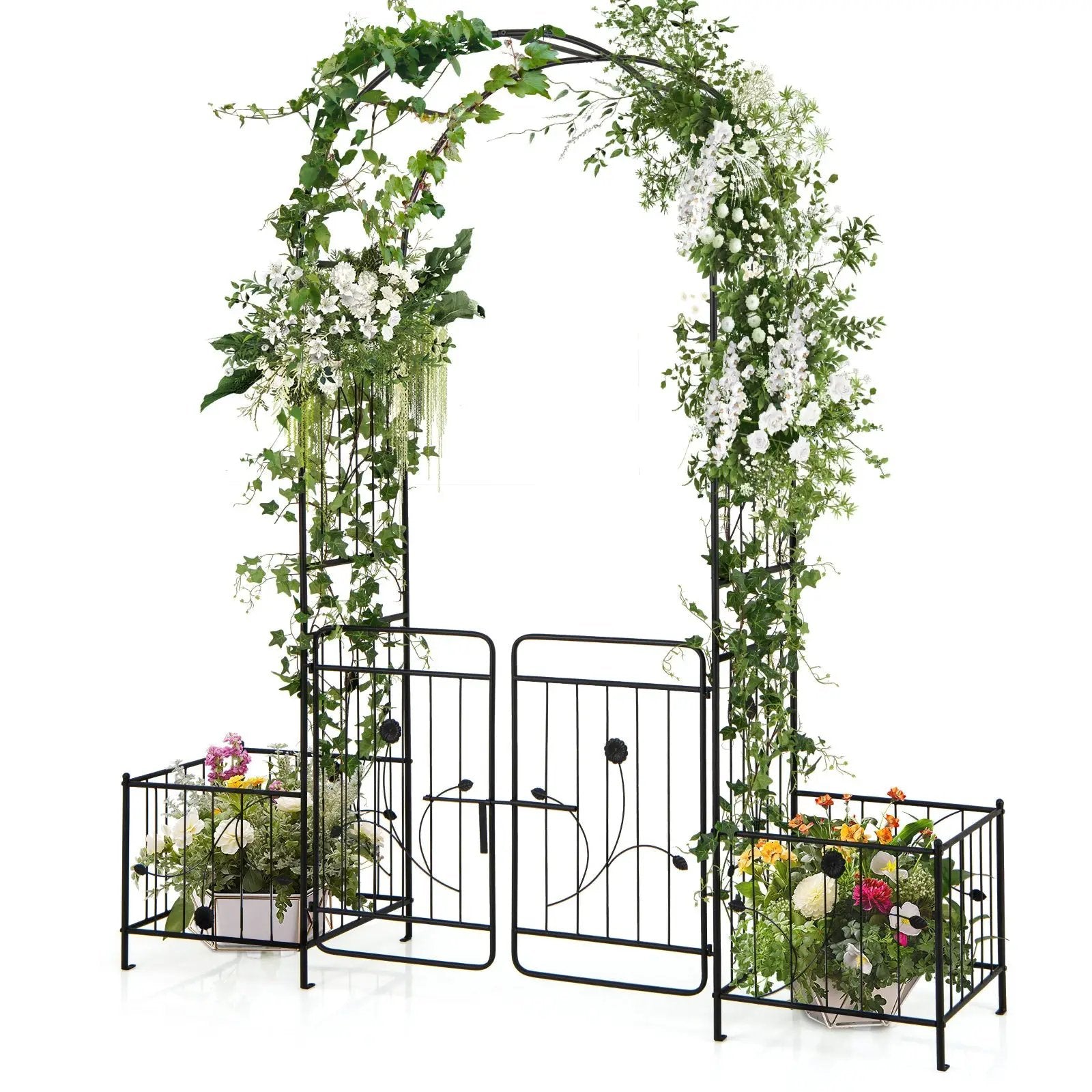 87 Inches Garden Arbor with Lockable Gate Side Planters-Black by DirectDeals